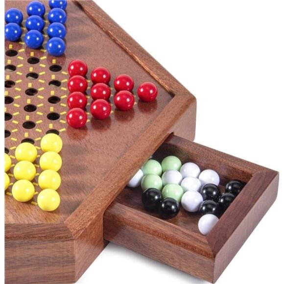Wooden Chinese Checkers Set with Storage Drawer - 60 Acrylic Marbles in 6 Colors - Picture 3 of 7